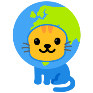 happy cartoon cat wearing a costume of a blue and green Earth depicting visually the meaning of the post title, imagining our place as part of life in Earth