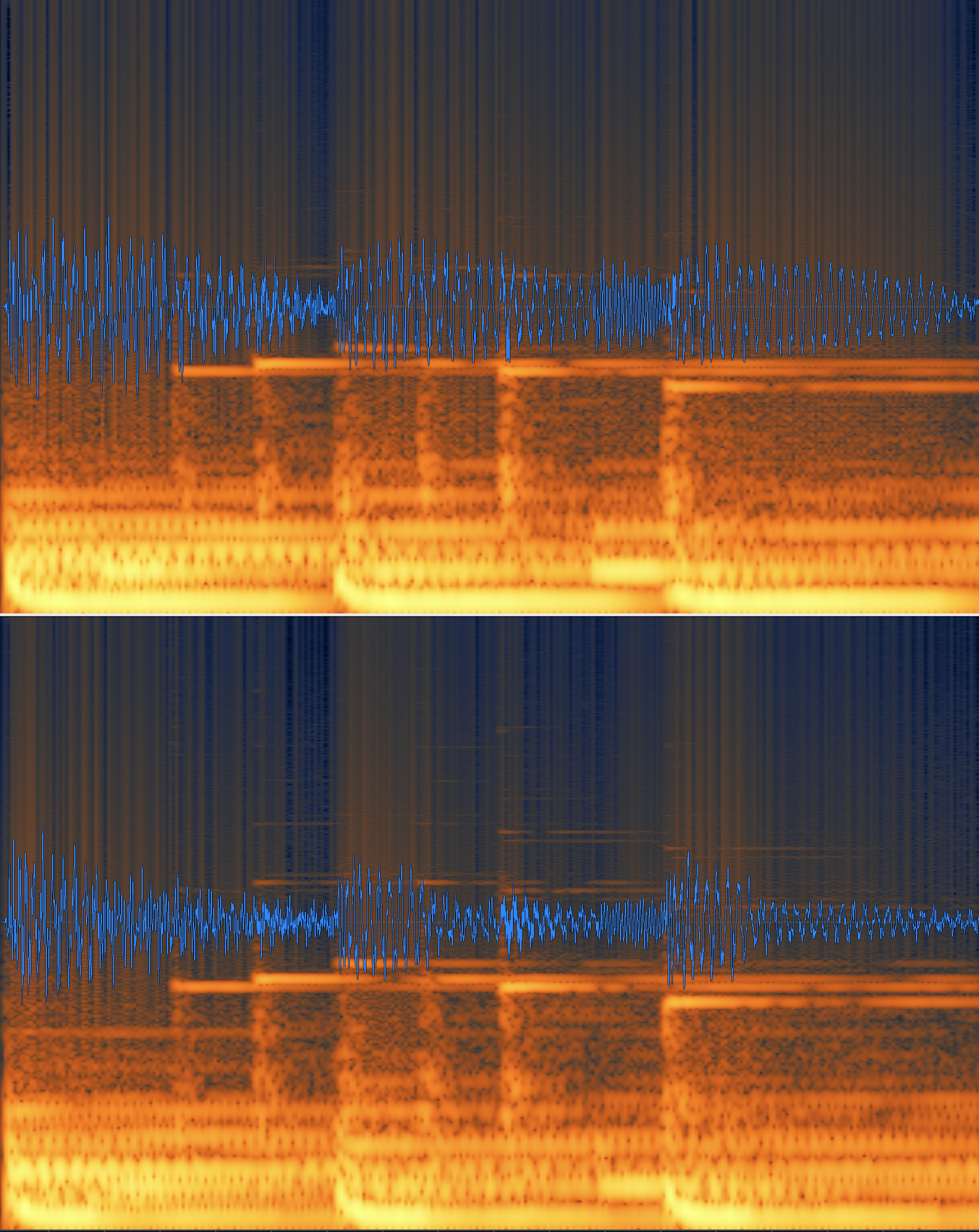 Orange and purple S-stereo audio spectrograph plot. Shows audio frequency (height) and amplitude (hue) over time (length) in "3D" horizontal layout.